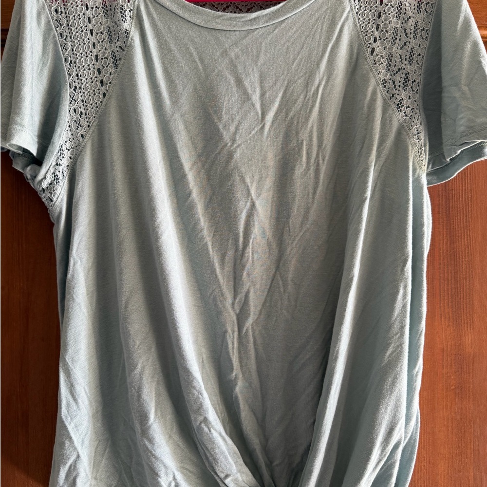 Rewind Light Sage Short Sleeve Lace-Shoulder Tee